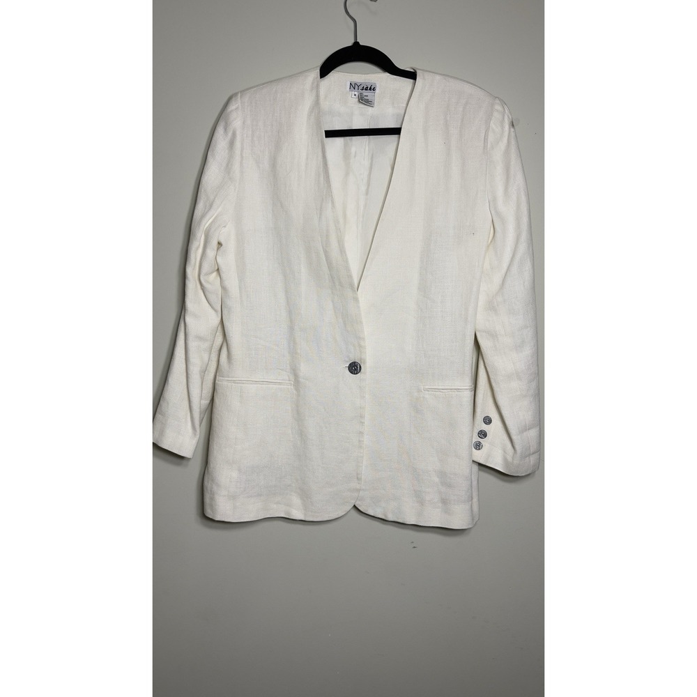 NY Sake Vintage 100% Linen Blazer Jacket White Cream Size 10 Romania Minimalist